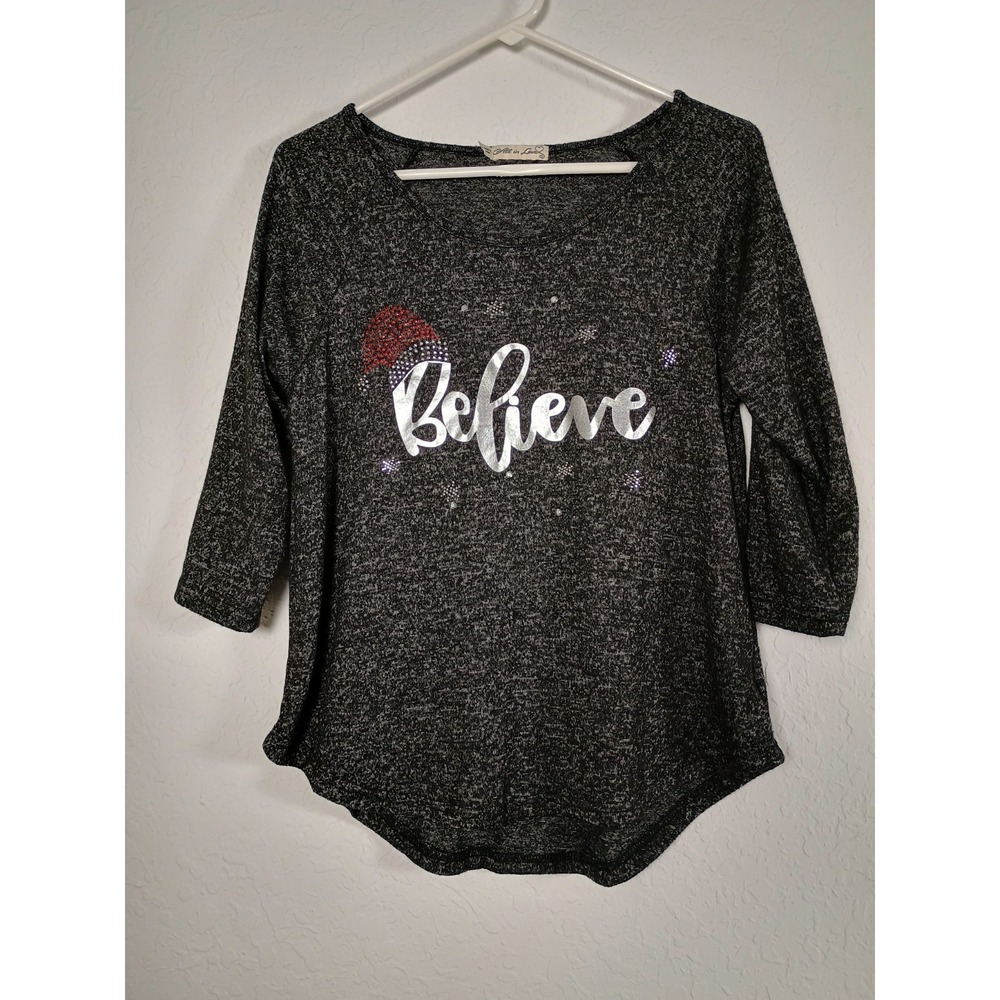 ALL IN LOVE Christmas Believe Rhinestone 3/4‎ Sleeve Women's Top Petite S